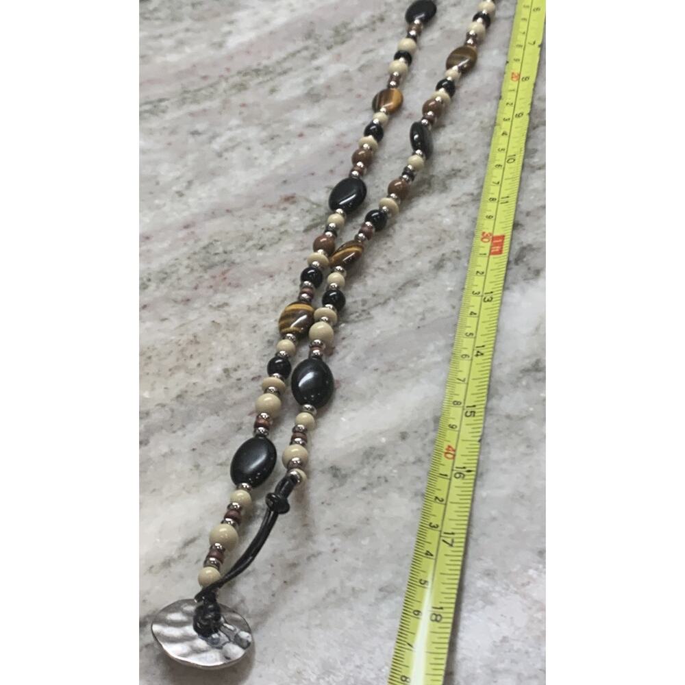 CHAPS SIGNED OVAL TIGER'S EYE ONYX BEAD NECKLACE SILVER BUTTON CLASP R1 - Picture 7 of 7